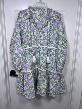 Roller Rabbit Daphne Naoki Pastel Floral Cotton Blend L/S Tiered Dress Women’s M